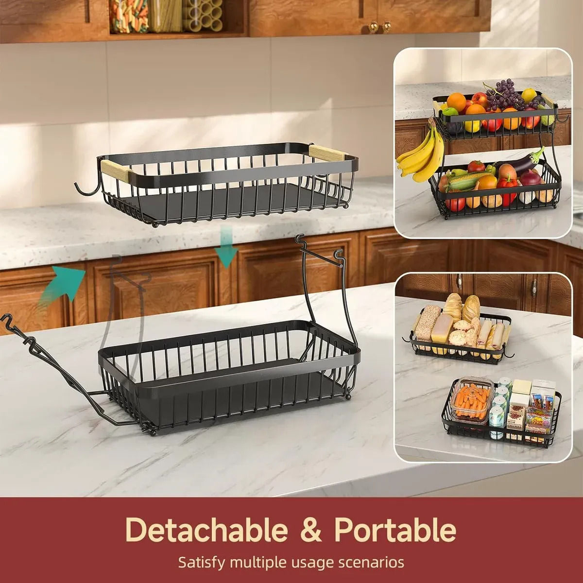 CARLA HOME 2-Tier Fruit Basket Metal Storage Bowl Kitchen Counter Organizer with Handles for Fruits, Vegetables, Snacks & Bread-2050057510500569091
