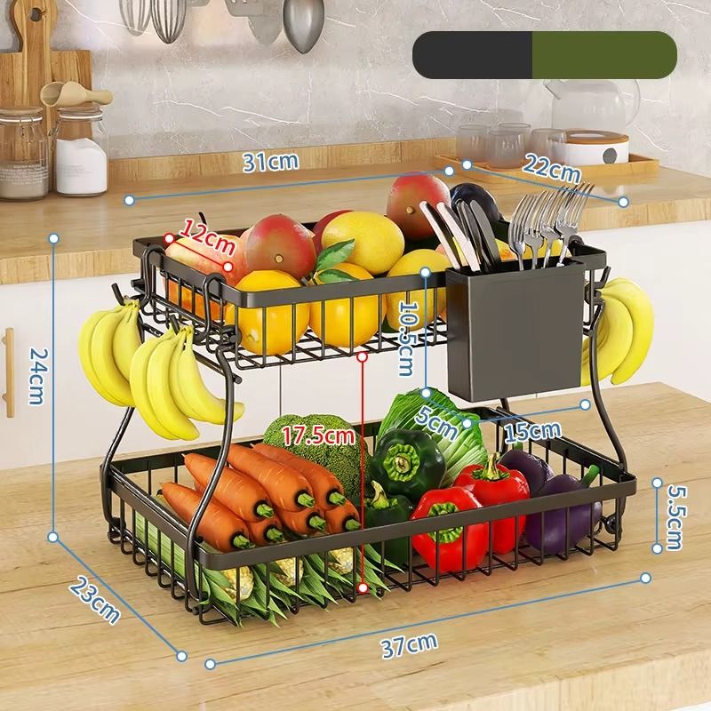 CARLA HOME 2-Tier Fruit Basket Metal Storage Bowl Kitchen Counter Organizer with Handles for Fruits, Vegetables, Snacks & Bread-2050057510500569093