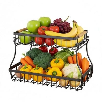 CARLA HOME 2-Tier Fruit Basket Metal Storage Bowl Kitchen Counter Organizer with Handles for Fruits, Vegetables, Snacks & Bread-2050057510500569095