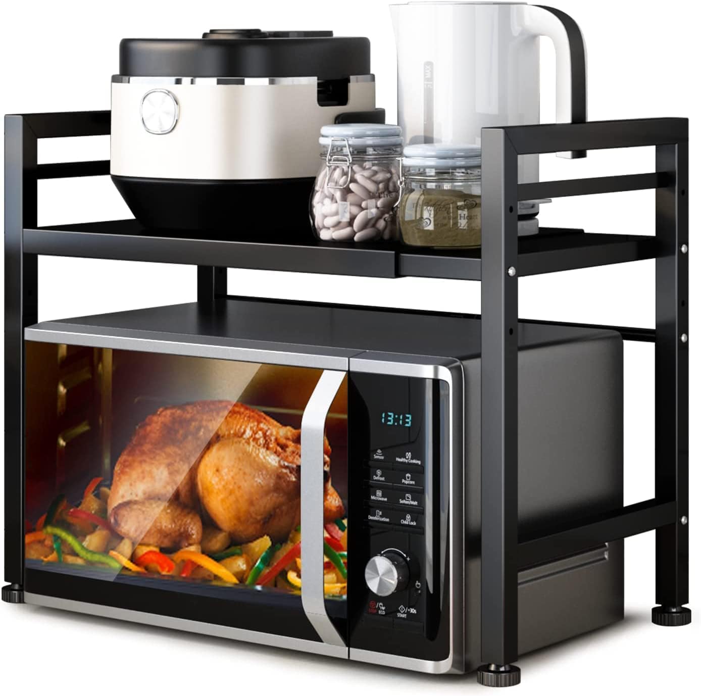 CARLA HOME 2-Tier Microwave Oven Rack with Adjustable Metal Kitchen Shelf Stand for Countertop Storage and 6 Hooks for Utensils (Black)-2050057510819336192