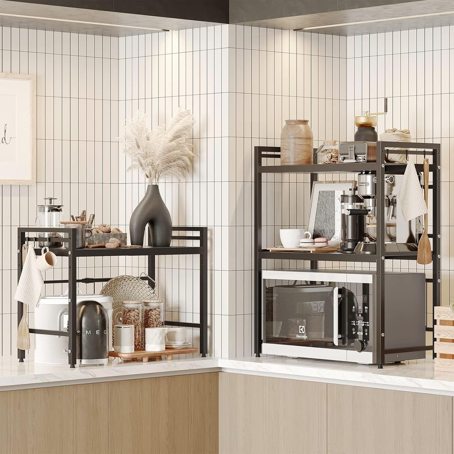 CARLA HOME 2-Tier Microwave Oven Rack with Adjustable Metal Kitchen Shelf Stand for Countertop Storage and 6 Hooks for Utensils (Black)-2050057510819336193