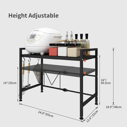 CARLA HOME 2-Tier Microwave Oven Rack with Adjustable Metal Kitchen Shelf Stand for Countertop Storage and 6 Hooks for Utensils (Black)-2050057510819336194