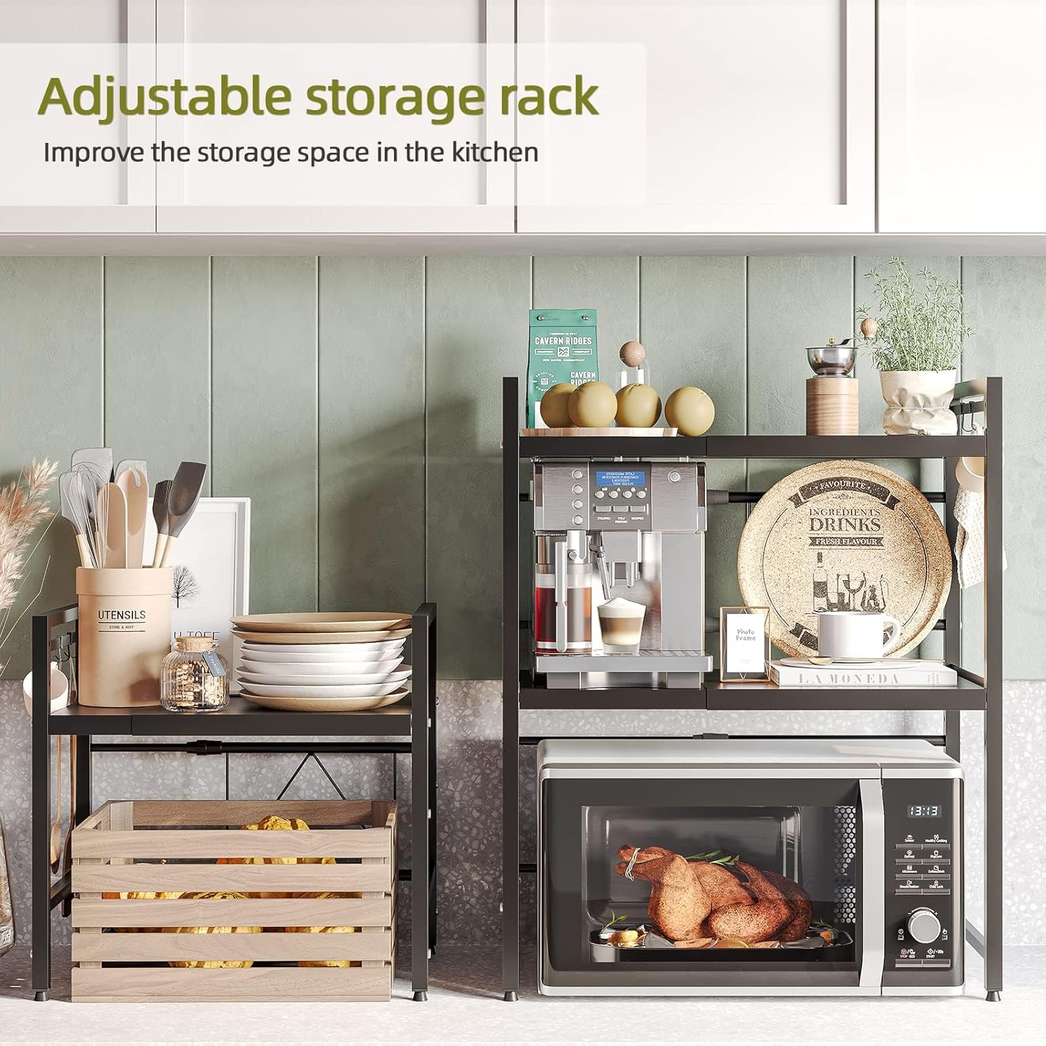CARLA HOME 2-Tier Microwave Oven Rack with Adjustable Metal Kitchen Shelf Stand for Countertop Storage and 6 Hooks for Utensils (Black)-2050057510819336195