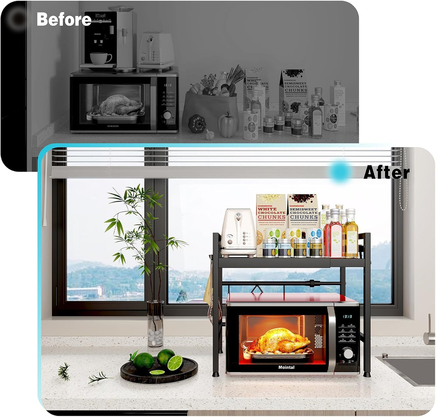 CARLA HOME 2-Tier Microwave Oven Rack with Adjustable Metal Kitchen Shelf Stand for Countertop Storage and 6 Hooks for Utensils (Black)-2050057510819336197