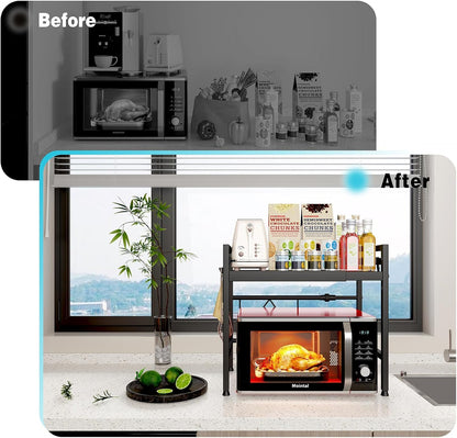 CARLA HOME 2-Tier Microwave Oven Rack with Adjustable Metal Kitchen Shelf Stand for Countertop Storage and 6 Hooks for Utensils (Black)-2050057510819336197