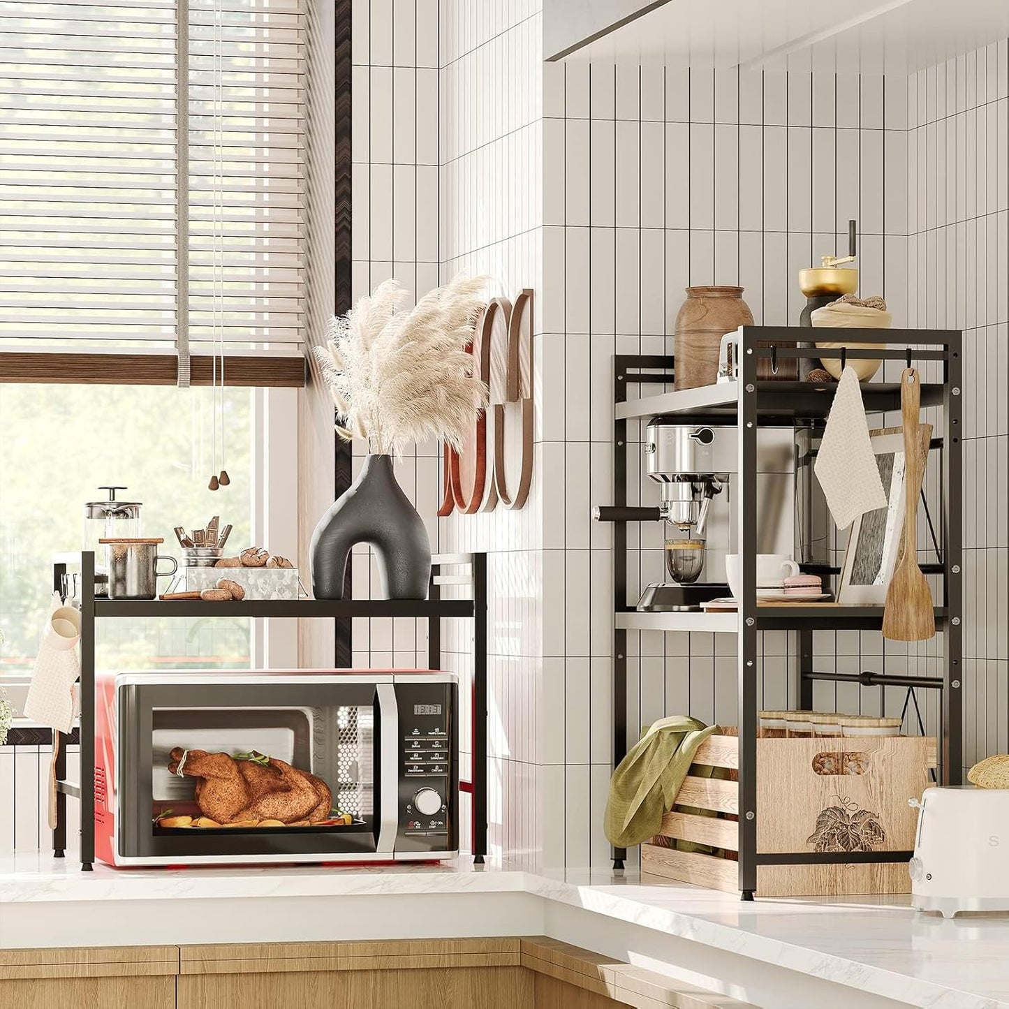 CARLA HOME 2-Tier Microwave Oven Rack with Adjustable Metal Kitchen Shelf Stand for Countertop Storage and 6 Hooks for Utensils (Black)-2050057510819336198