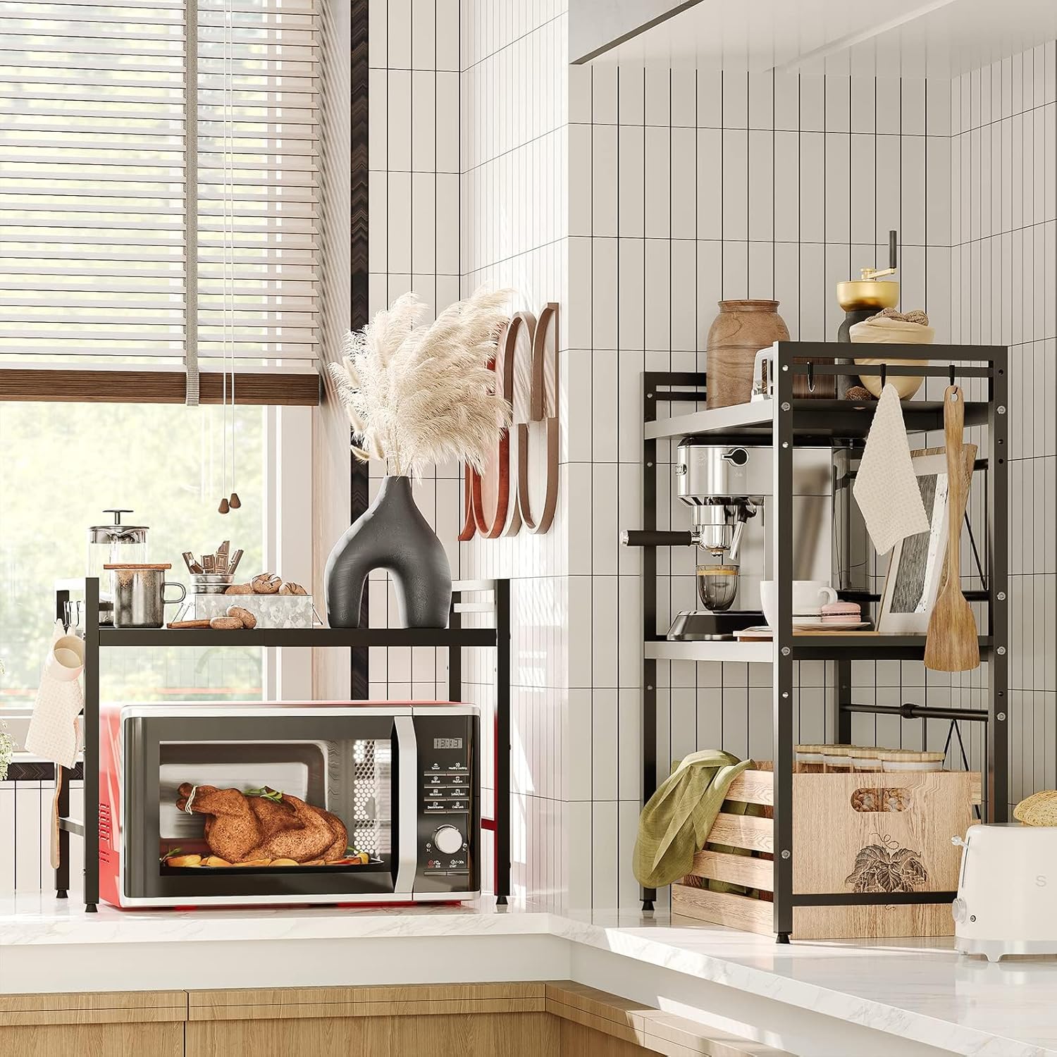 CARLA HOME 2-Tier Microwave Oven Rack with Adjustable Metal Kitchen Shelf Stand for Countertop Storage and 6 Hooks for Utensils (Black)-2050057510819336198