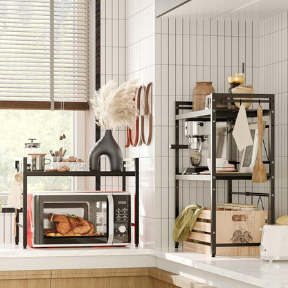 CARLA HOME 2-Tier Microwave Oven Rack with Adjustable Metal Kitchen Shelf Stand for Countertop Storage and 6 Hooks for Utensils (Black)-2050057510819336198