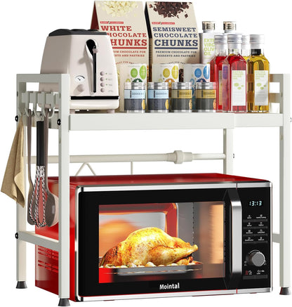 CARLA HOME 2-Tier Microwave Oven Rack with Adjustable Metal Kitchen Shelf Stand for Countertop Storage and 6 Hooks for Utensils (White)-2050057510974525440