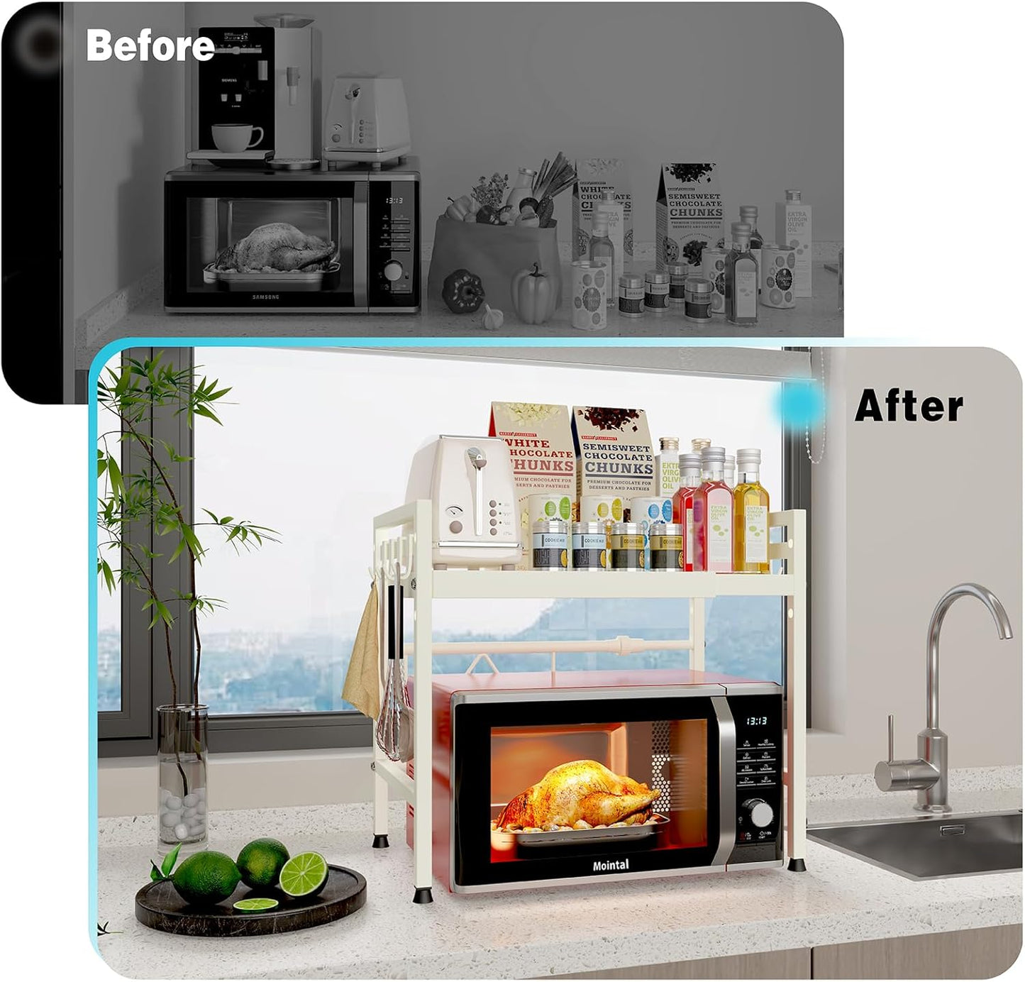 CARLA HOME 2-Tier Microwave Oven Rack with Adjustable Metal Kitchen Shelf Stand for Countertop Storage and 6 Hooks for Utensils (White)-2050057510974525445