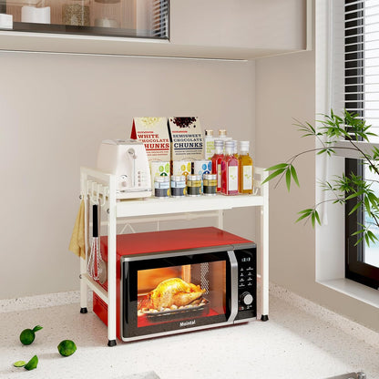 CARLA HOME 2-Tier Microwave Oven Rack with Adjustable Metal Kitchen Shelf Stand for Countertop Storage and 6 Hooks for Utensils (White)-2050057510974525446