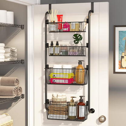 CARLA HOME 4-Tier Over the Door Organizer Heavy-Duty Metal Pantry Rack with Hanging Baskets for Home Kitchen Storage & Bathroom Door Organization-2050057511297486848