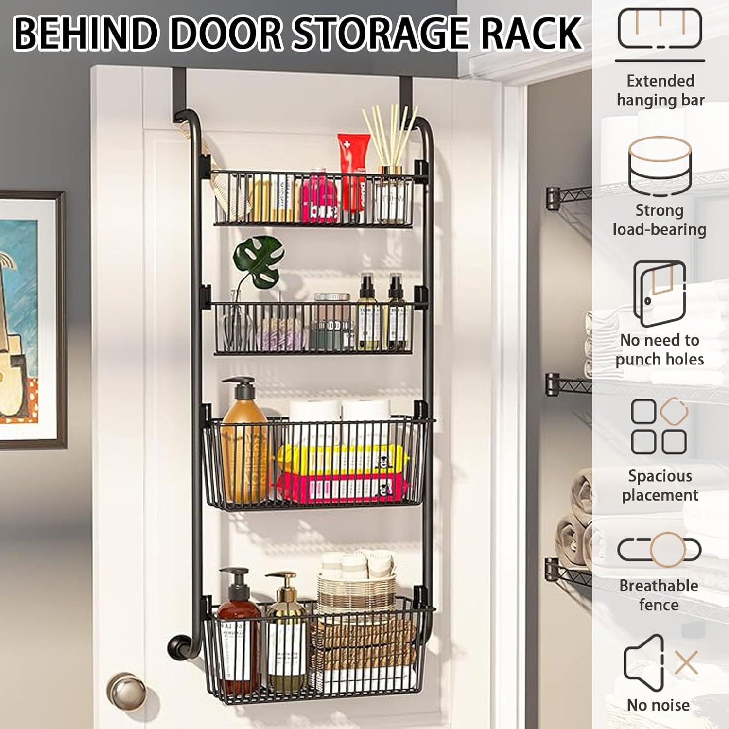 CARLA HOME 4-Tier Over the Door Organizer Heavy-Duty Metal Pantry Rack with Hanging Baskets for Home Kitchen Storage & Bathroom Door Organization-2050057511297486849