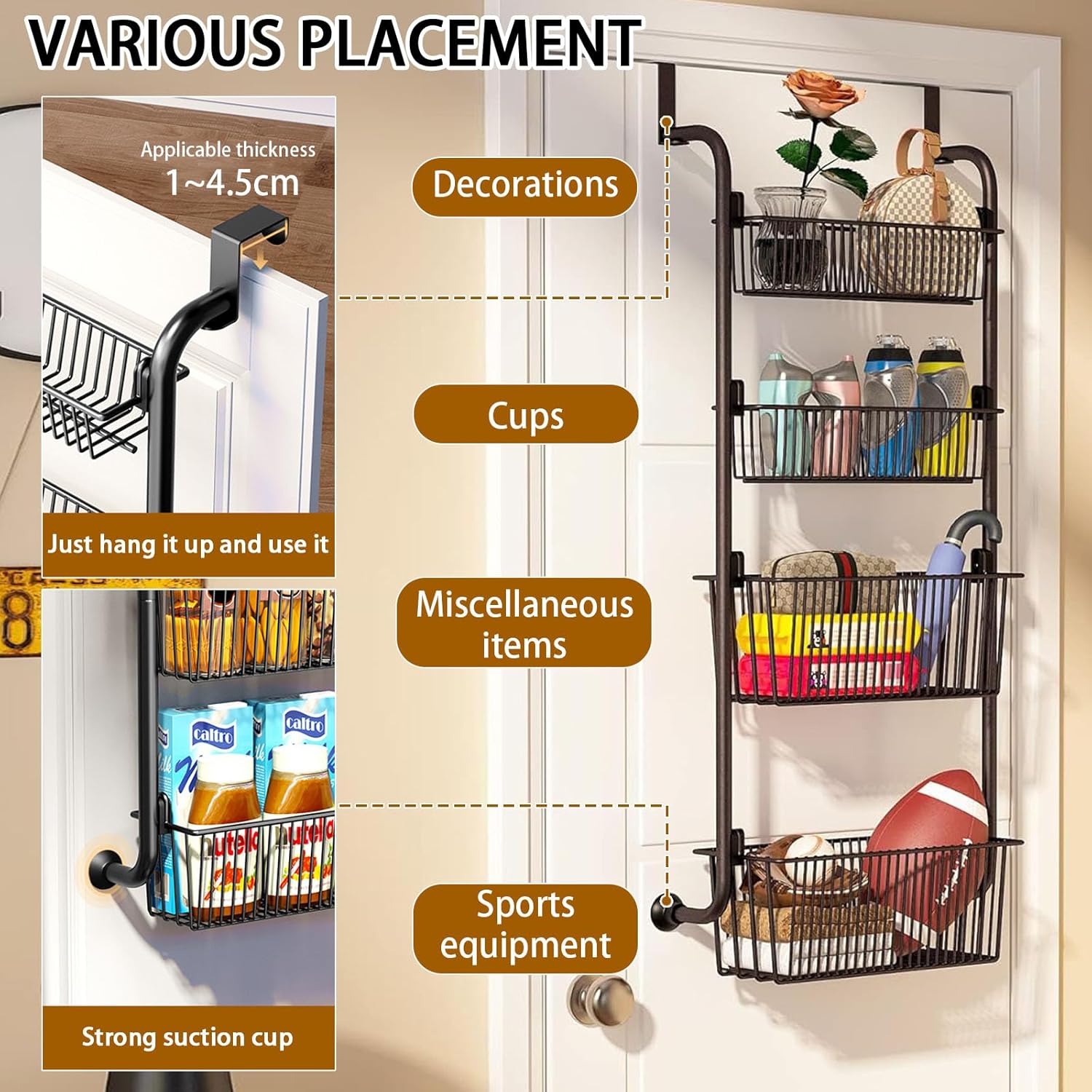 CARLA HOME 4-Tier Over the Door Organizer Heavy-Duty Metal Pantry Rack with Hanging Baskets for Home Kitchen Storage & Bathroom Door Organization-2050057511297486850