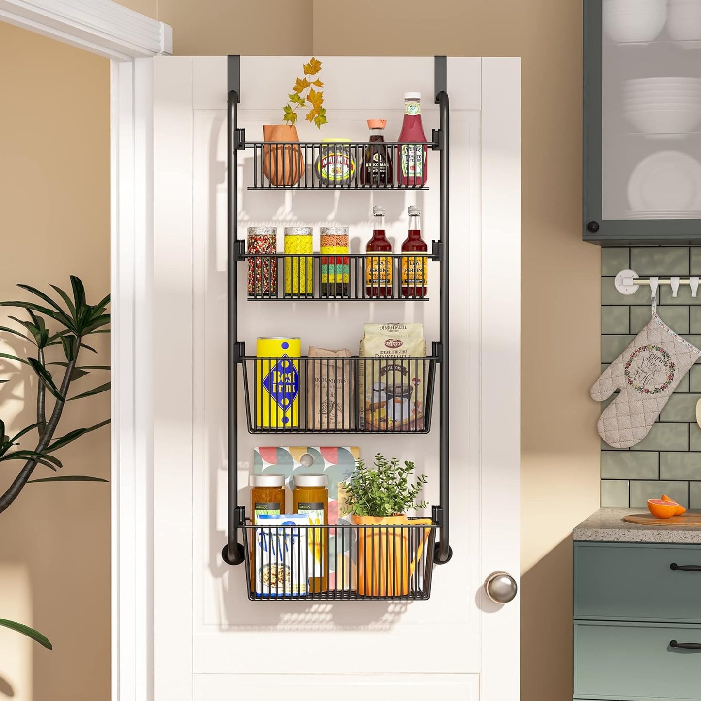 CARLA HOME 4-Tier Over the Door Organizer Heavy-Duty Metal Pantry Rack with Hanging Baskets for Home Kitchen Storage & Bathroom Door Organization-2050057511297486855