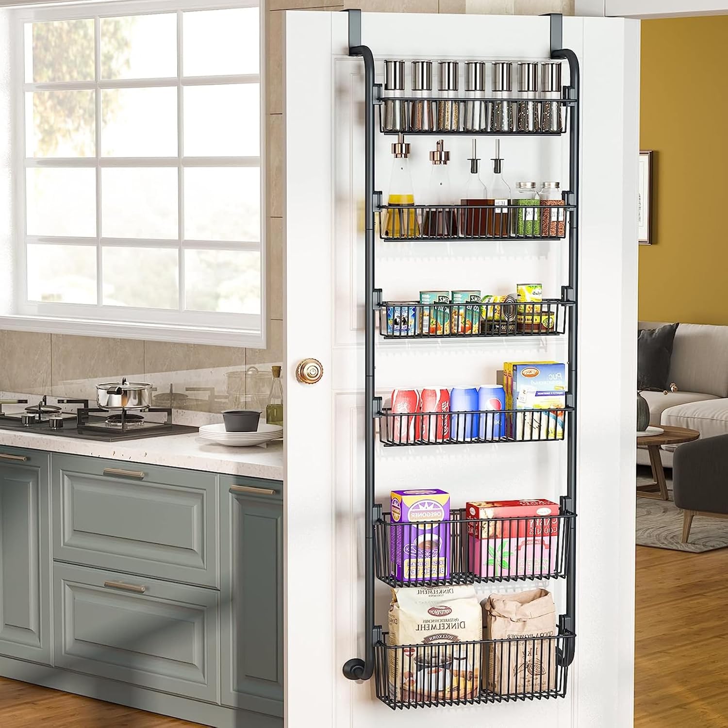 CARLA HOME 6-Tier Over the Door Organizer Heavy-Duty Metal Pantry Rack with Hanging Baskets for Home Kitchen Storage & Bathroom Door Organization (Black)-2050057511456870400