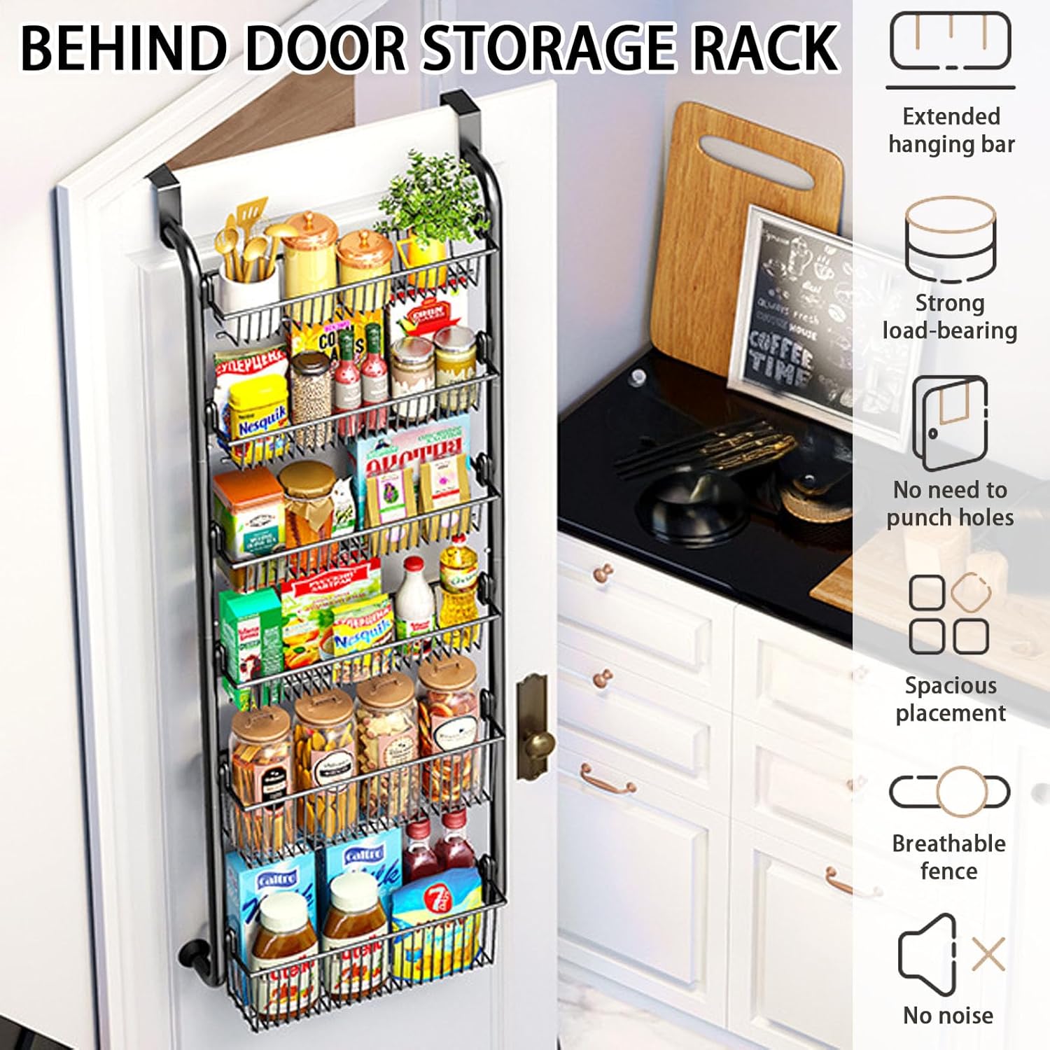 CARLA HOME 6-Tier Over the Door Organizer Heavy-Duty Metal Pantry Rack with Hanging Baskets for Home Kitchen Storage & Bathroom Door Organization (Black)-2050057511456870402
