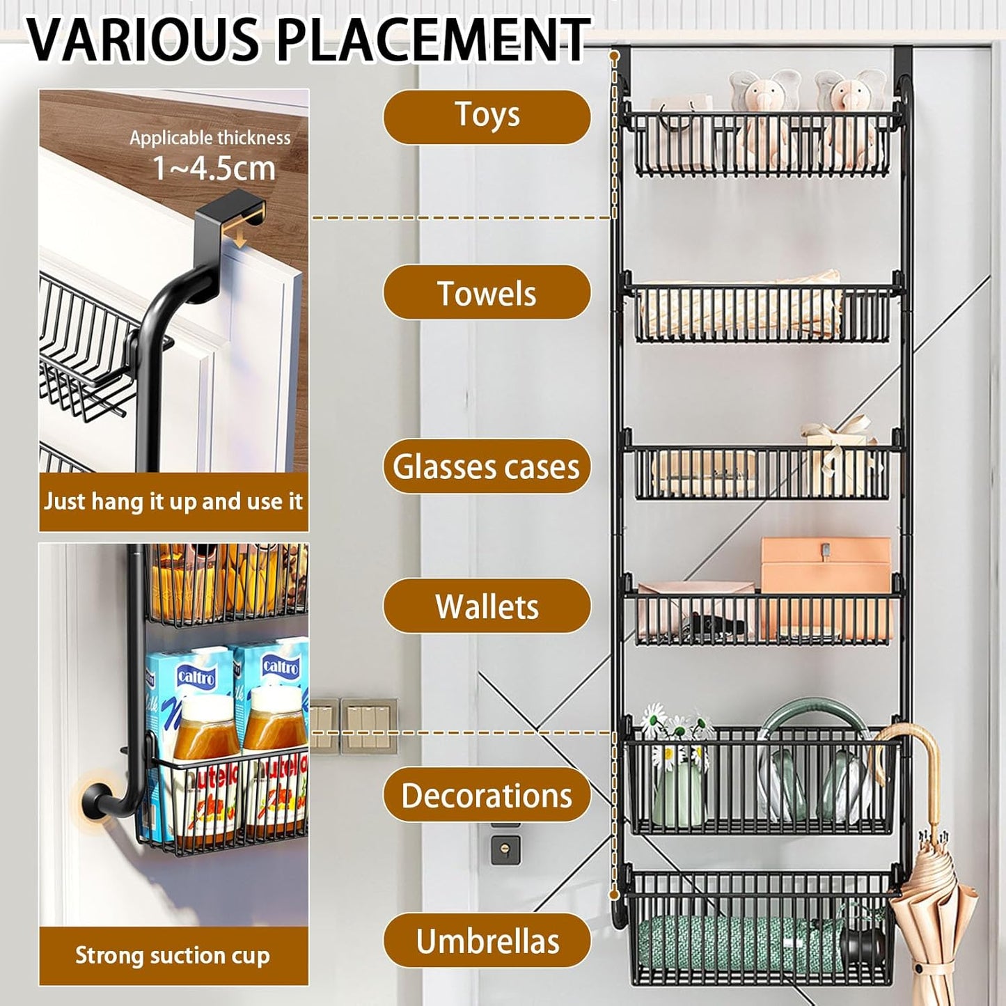 CARLA HOME 6-Tier Over the Door Organizer Heavy-Duty Metal Pantry Rack with Hanging Baskets for Home Kitchen Storage & Bathroom Door Organization (Black)-2050057511456870403