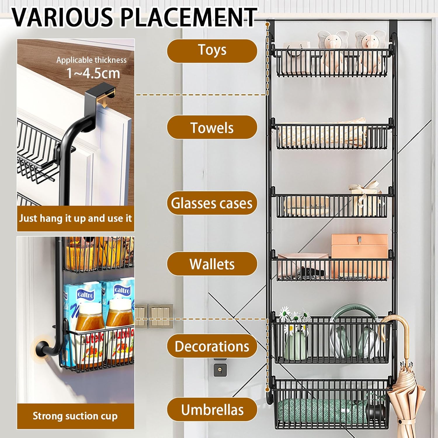 CARLA HOME 6-Tier Over the Door Organizer Heavy-Duty Metal Pantry Rack with Hanging Baskets for Home Kitchen Storage & Bathroom Door Organization (Black)-2050057511456870403