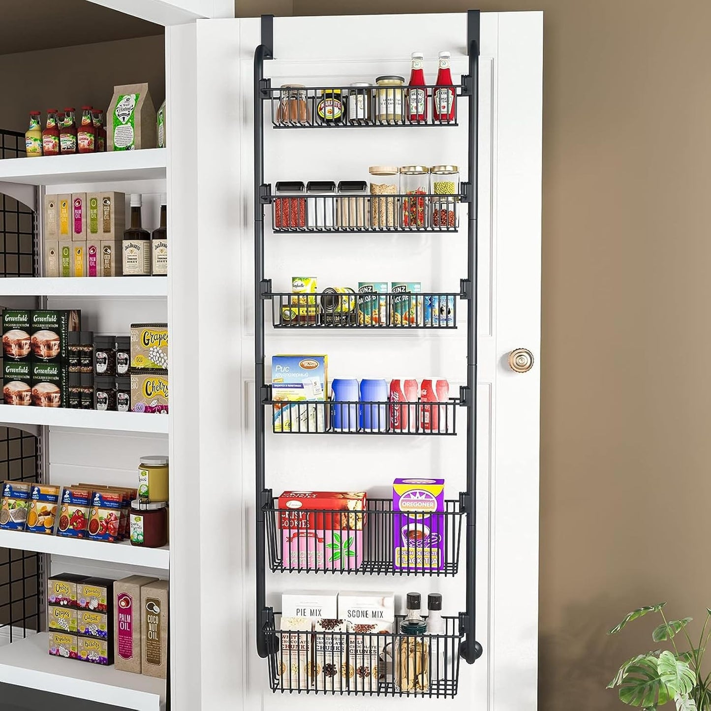 CARLA HOME 6-Tier Over the Door Organizer Heavy-Duty Metal Pantry Rack with Hanging Baskets for Home Kitchen Storage & Bathroom Door Organization (Black)-2050057511456870407