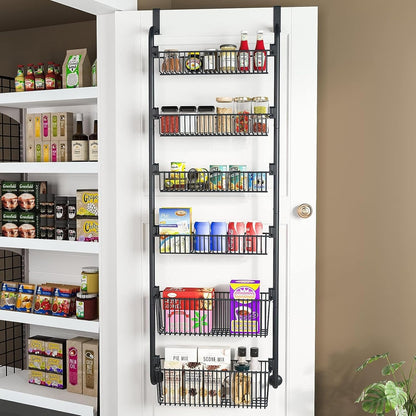 CARLA HOME 6-Tier Over the Door Organizer Heavy-Duty Metal Pantry Rack with Hanging Baskets for Home Kitchen Storage & Bathroom Door Organization (Black)-2050057511456870407