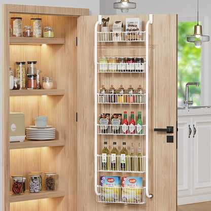 CARLA HOME 6-Tier Over the Door Organizer Heavy-Duty Metal Pantry Rack with Hanging Baskets for Home Kitchen Storage & Bathroom Door Organization (White)-2050057511620448256