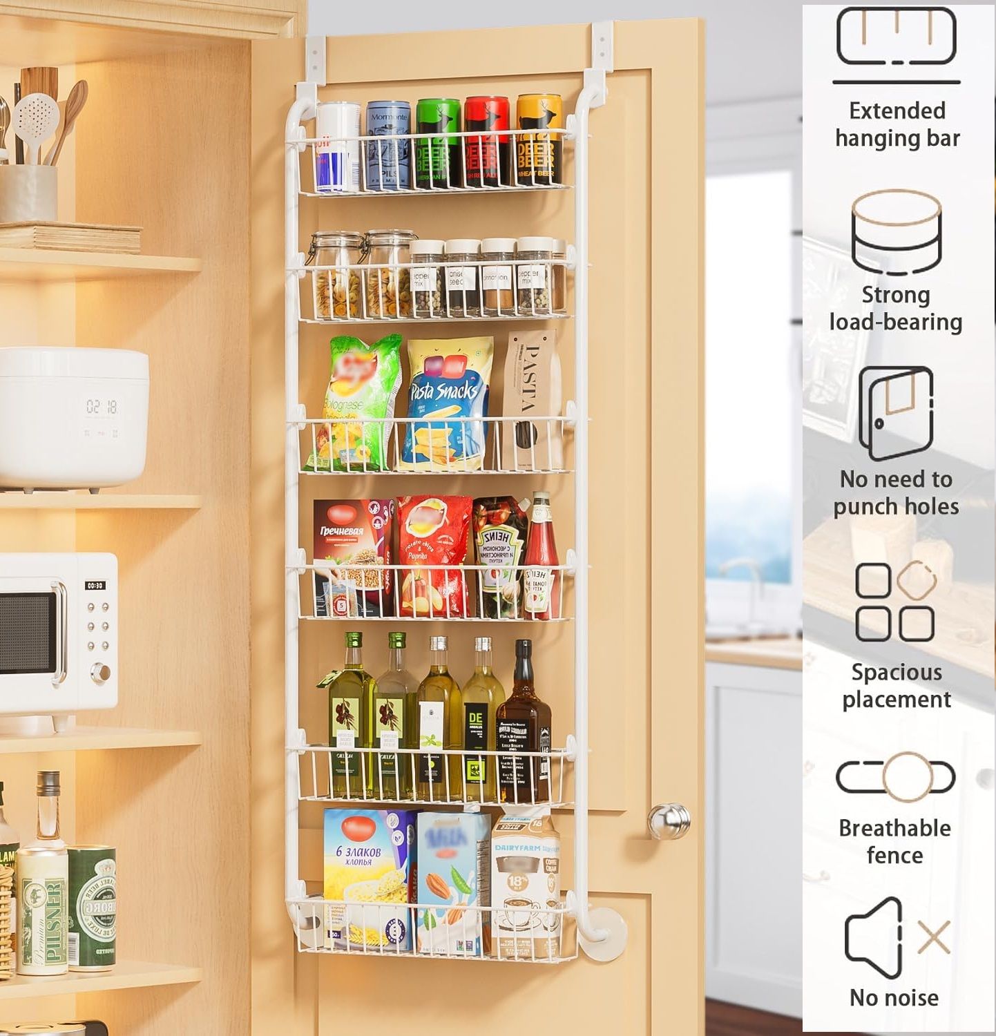 CARLA HOME 6-Tier Over the Door Organizer Heavy-Duty Metal Pantry Rack with Hanging Baskets for Home Kitchen Storage & Bathroom Door Organization (White)-2050057511620448257