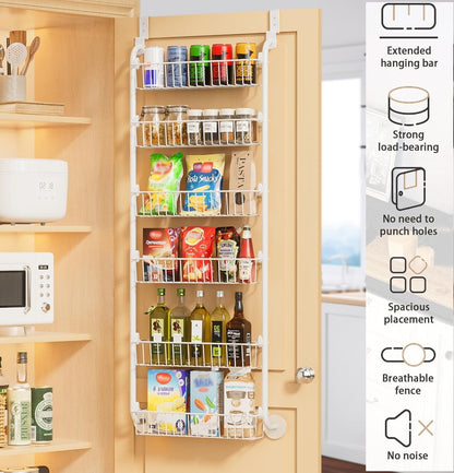 CARLA HOME 6-Tier Over the Door Organizer Heavy-Duty Metal Pantry Rack with Hanging Baskets for Home Kitchen Storage & Bathroom Door Organization (White)-2050057511620448257