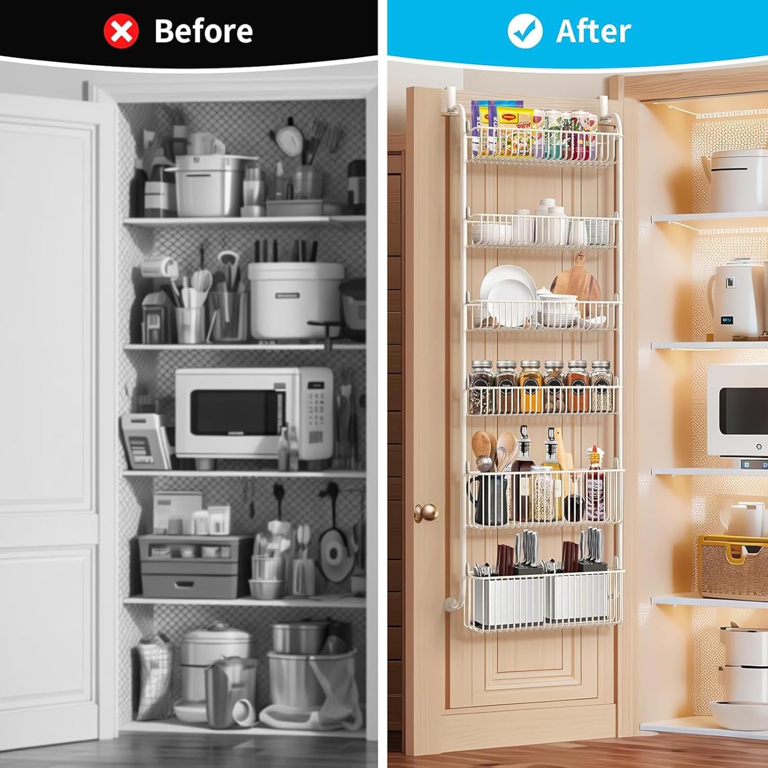 CARLA HOME 6-Tier Over the Door Organizer Heavy-Duty Metal Pantry Rack with Hanging Baskets for Home Kitchen Storage & Bathroom Door Organization (White)-2050057511620448259