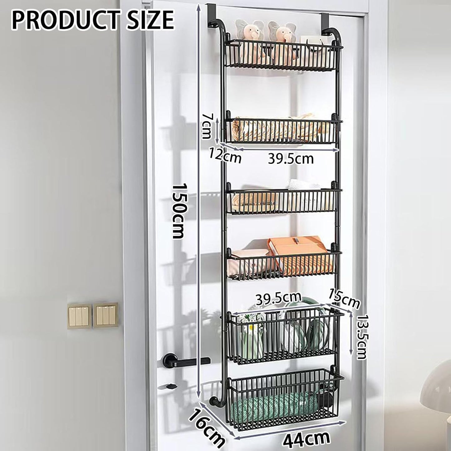 CARLA HOME 6-Tier Over the Door Organizer Heavy-Duty Metal Pantry Rack with Hanging Baskets for Home Kitchen Storage & Bathroom Door Organization (White)-2050057511620448261