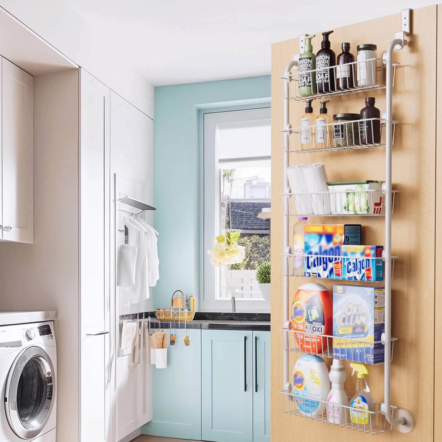 CARLA HOME 6-Tier Over the Door Organizer Heavy-Duty Metal Pantry Rack with Hanging Baskets for Home Kitchen Storage & Bathroom Door Organization (White)-2050057511620448262