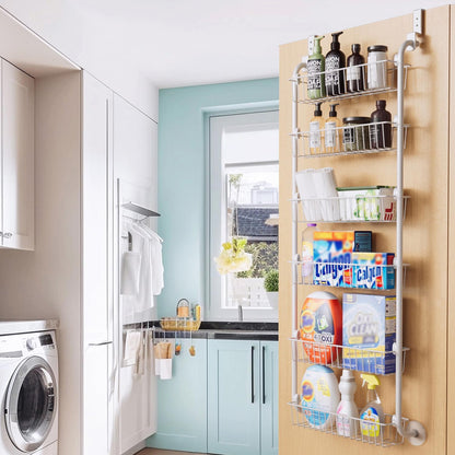 CARLA HOME 6-Tier Over the Door Organizer Heavy-Duty Metal Pantry Rack with Hanging Baskets for Home Kitchen Storage & Bathroom Door Organization (White)-2050057511620448262