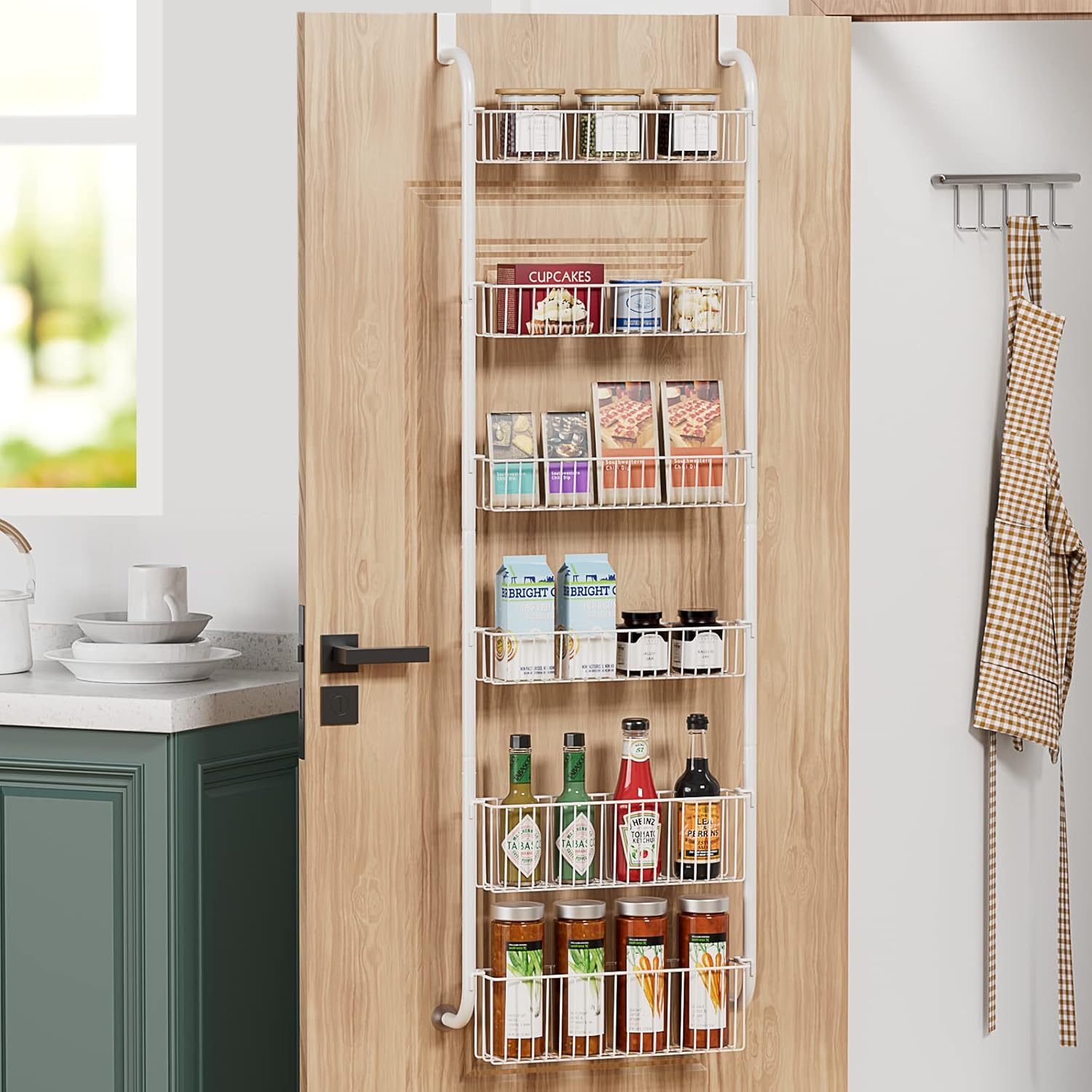 CARLA HOME 6-Tier Over the Door Organizer Heavy-Duty Metal Pantry Rack with Hanging Baskets for Home Kitchen Storage & Bathroom Door Organization (White)-2050057511620448263