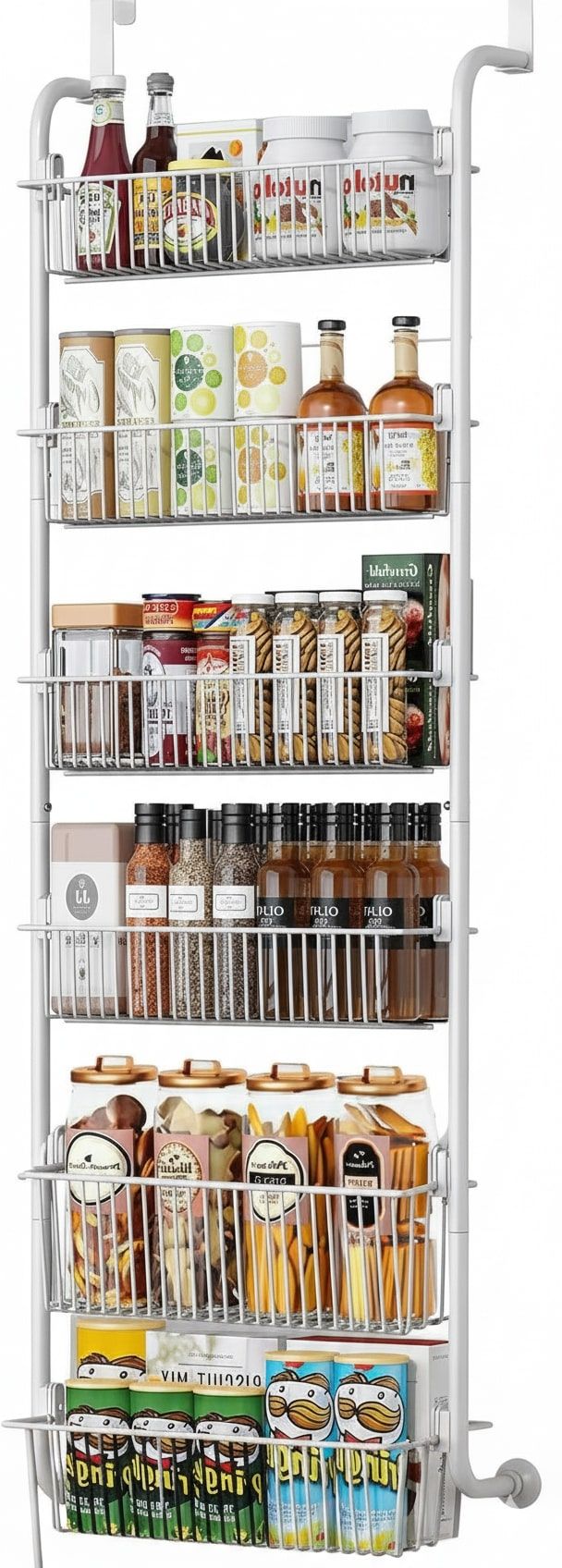 CARLA HOME 6-Tier Over the Door Organizer Heavy-Duty Metal Pantry Rack with Hanging Baskets for Home Kitchen Storage & Bathroom Door Organization (White)-2050057511620448264
