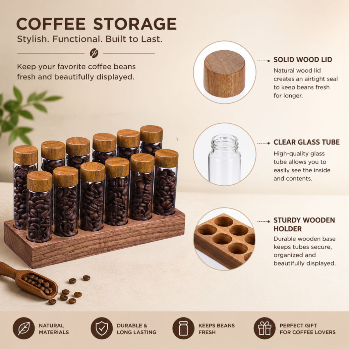 CARLA HOME Glass Coffee Bean Storage Tubes, 12 Pack Wooden Stand (60ml 20g)-2094971928858202115