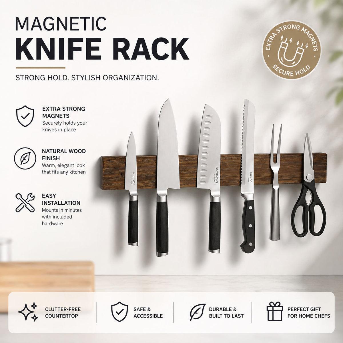 CARLA HOME Magnetic Knife Holder Wall Mounted, Wood Strip, Brown (40cm)-2094971929269243905