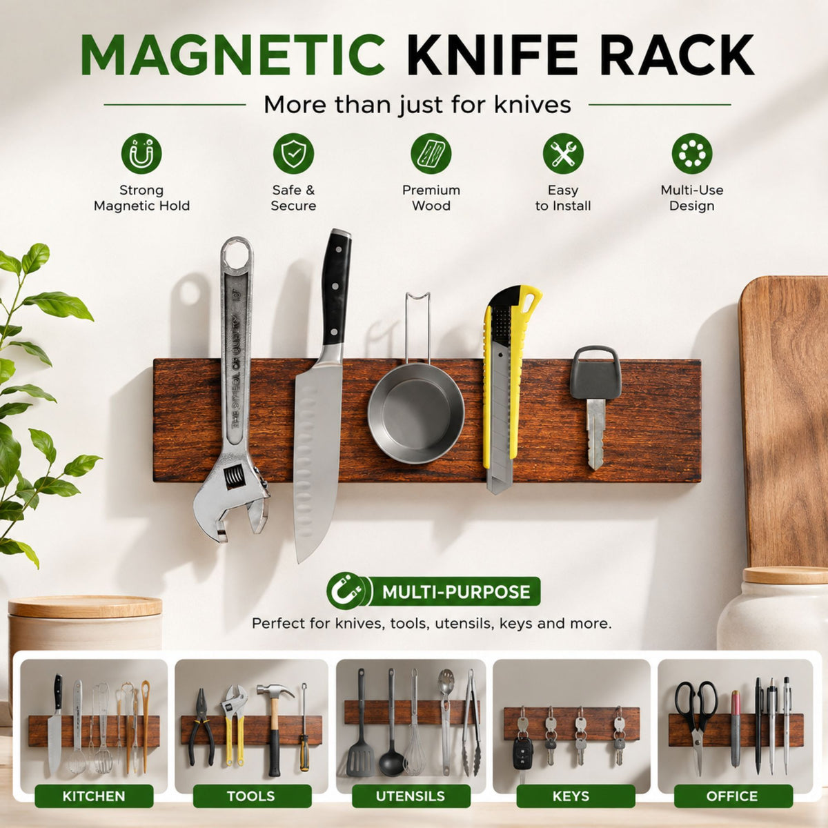 CARLA HOME Magnetic Knife Holder Wall Mounted, Wood Strip, Brown (40cm)-2094971929269243906
