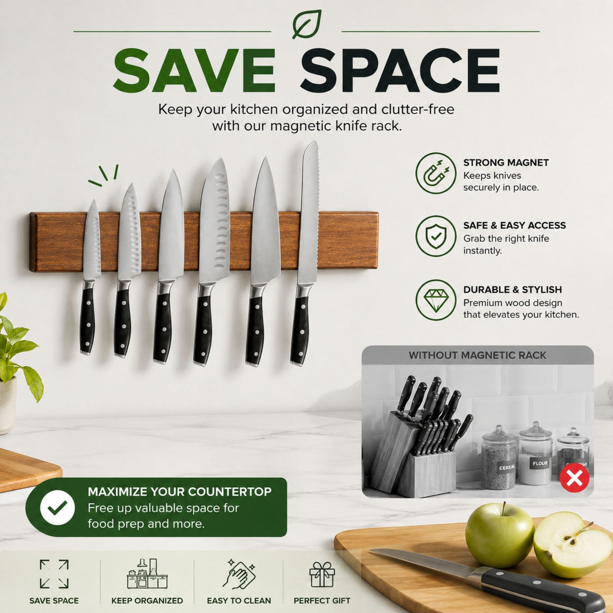 CARLA HOME Magnetic Knife Holder Wall Mounted, Wood Strip, Brown (40cm)-2094971929269243907