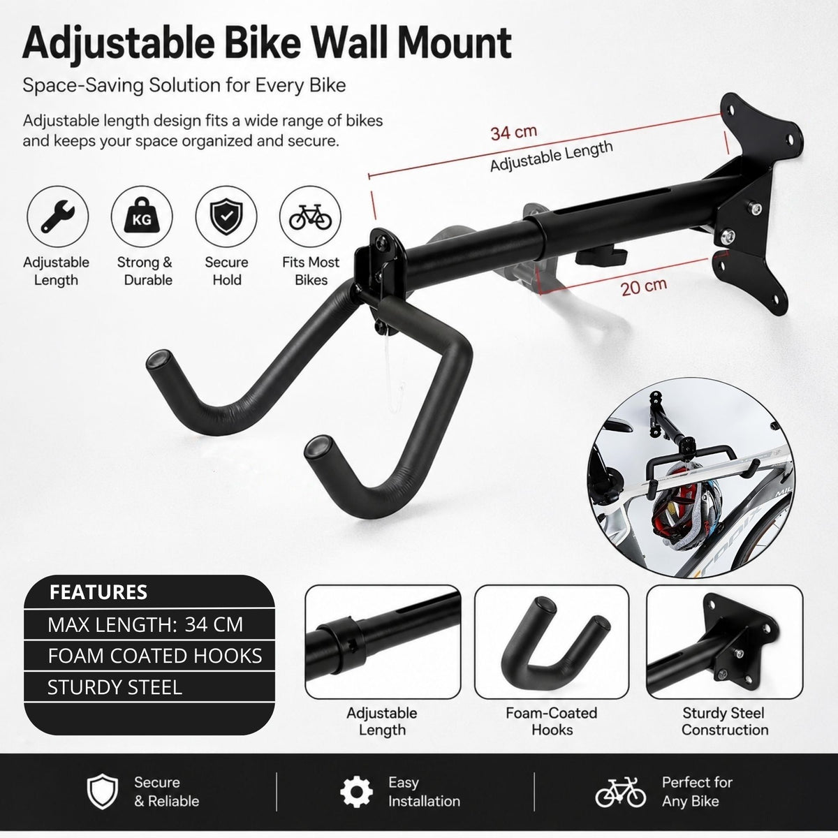 CARLA HOME Wall Mount Bike Rack, Adjustable Foldable Hanger, Garage Storage-2094971930565283842