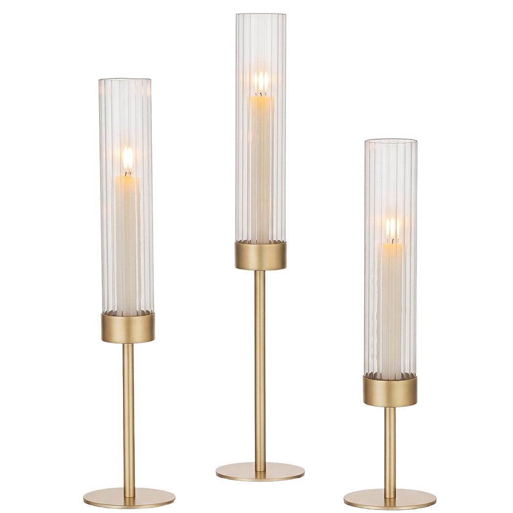 Levede Candle Holder 3Pc Removable Windproof Glass Shade Metal  Gold-2100034938635161608