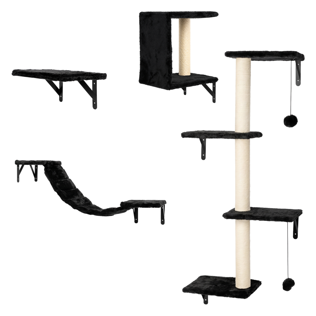 PaWz Cat Wall Shelves set 4 In 1 Modular with Sisal Scratcher for Indoor Black-2109799598774751241