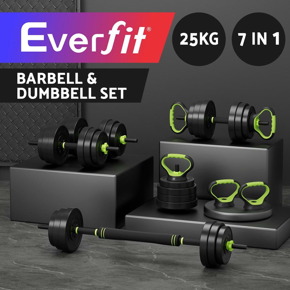 Everfit 25Kg Adjustable Dumbbell and Kettlebell Weight Set with Barbell Plates for Home Gym
