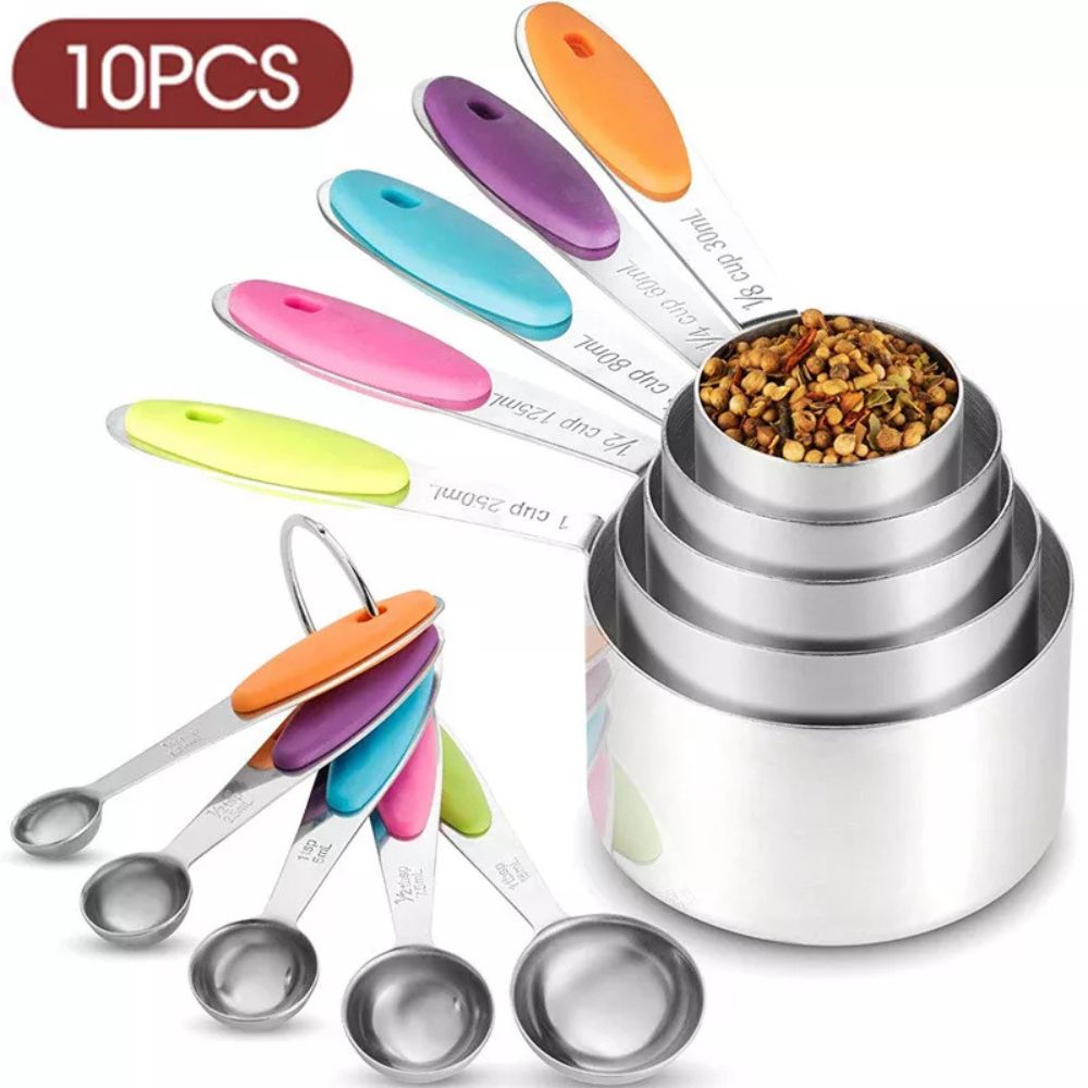 10PCS Stainless Steel Measuring Spoons Cups Baking Teaspoon Kitchen Gadget Kit