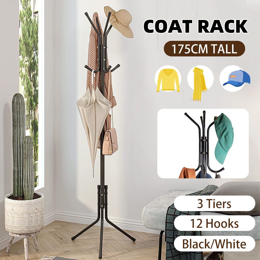 12 Hook 3-Tier Cloth Hanger Metal Tree Stand Hat Clothes Rack Style Storage