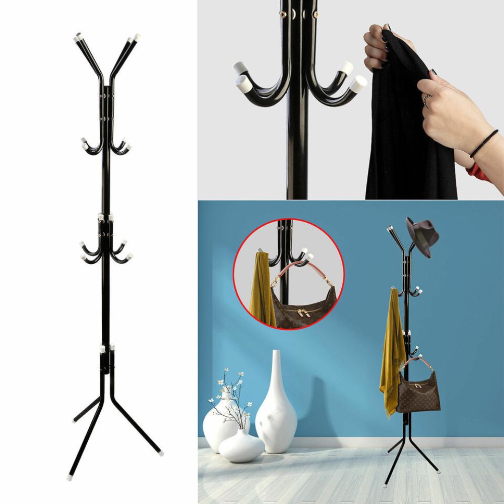 12 Hook 3-Tier Cloth Hanger Metal Tree Stand Hat Clothes Rack Style Storage