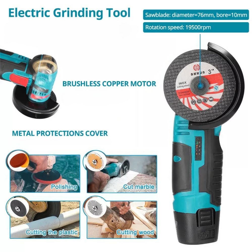 12V Mini Cordless Angle Grinder Brushless Cutting Tool W/ 2 Battery & Charger