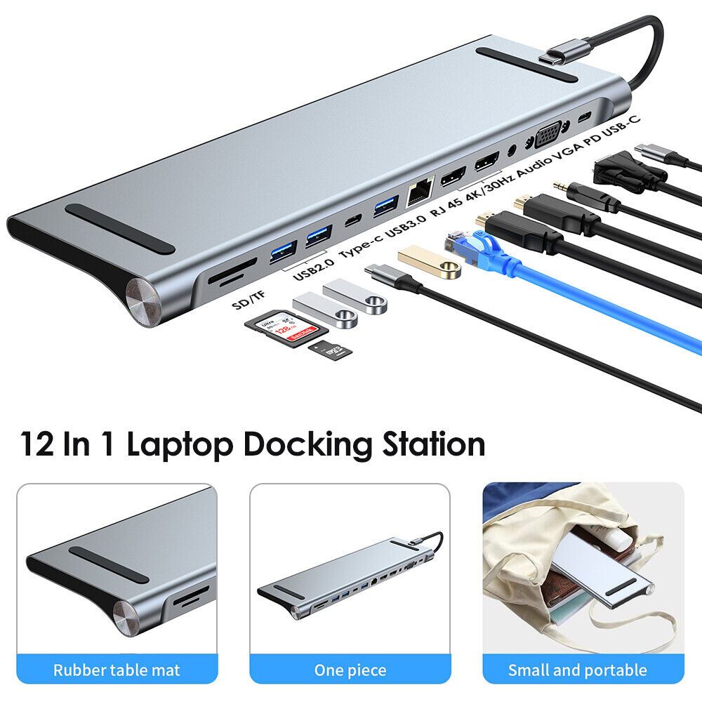 12 in 1 Laptop Docking Station Type-C Adapter USB 3.0 Dual HDMI Hub VGA PD SD TF