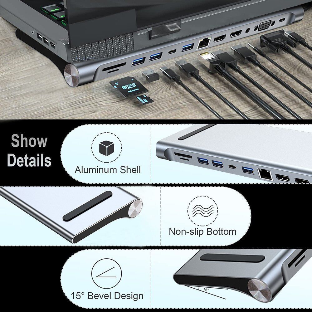 12 in 1 Laptop Docking Station Type-C Adapter USB 3.0 Dual HDMI Hub VGA PD SD TF