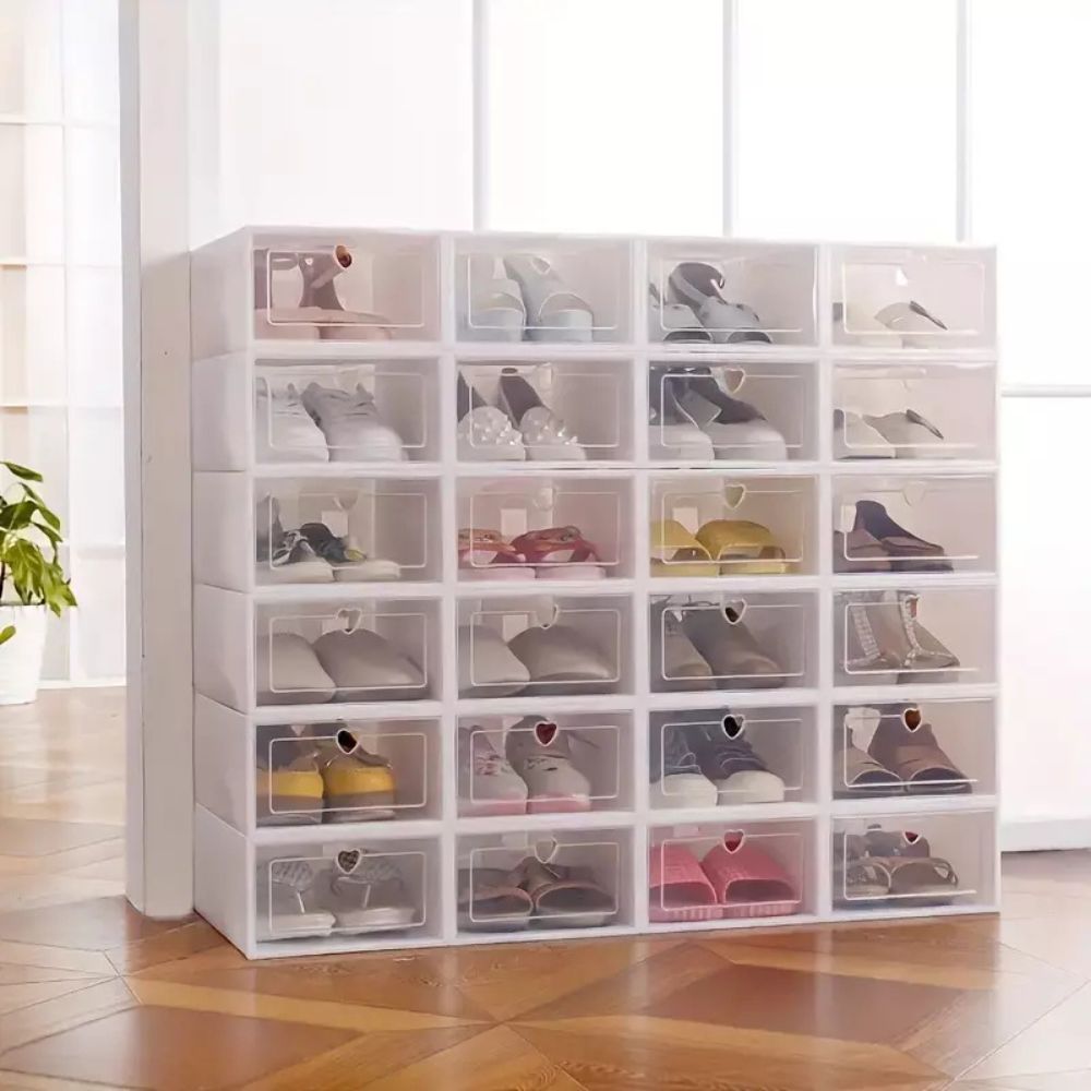 12pcs Foldable Clear Shoe Box Stackable Plastic Storage Case Organiser Rack