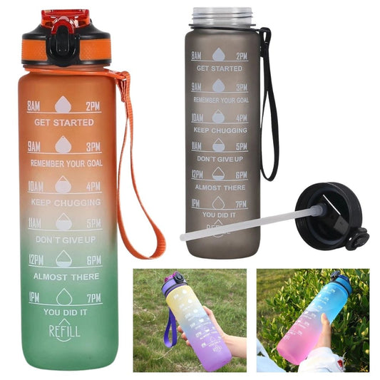 1L Water Bottle Flask Motivational Drink With Time Markings BPA Free Sport Gym